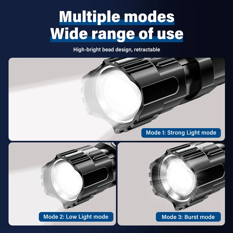 휴대용 미니 LED 손전등 내장 배터리, USB 충전식 LED 토치 램프, 조정 가능한 줌 가능 손전등, 하이킹 캠핑용