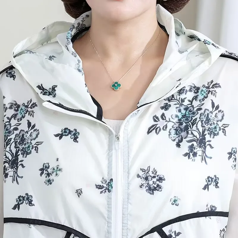 Korean Print Mid-Length Sun Protection Clothing Women Cardigan Jacket Hooded Spring Summer Zipper Windbreaker Female 2022