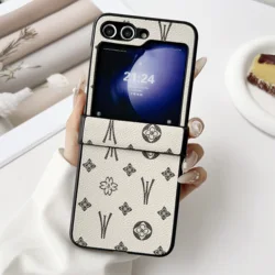 Luxury Pattern Leather Phone Case with Hinge Protective Jacket - Premium 7 - Piece Set - Galaxy Z Flip5 (Beige)