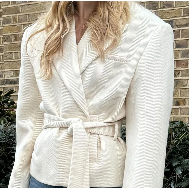 Street Lace Up Cropped Blazer Coat Women Loose Lapel Pocket Long Sleeve Suit Jackets Female 2025 Spring White All-match Outwear