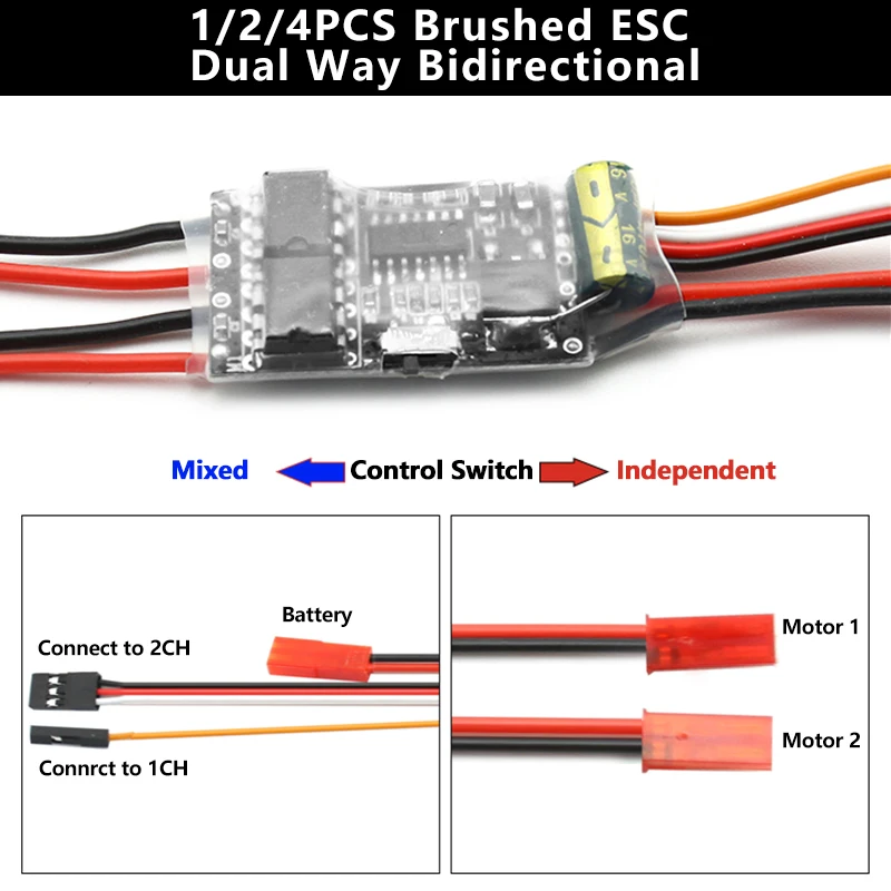 1/2/4PCS Dual Way Bidirectional Brushed ESC Two Way 2S3S Lipo 5A ESC