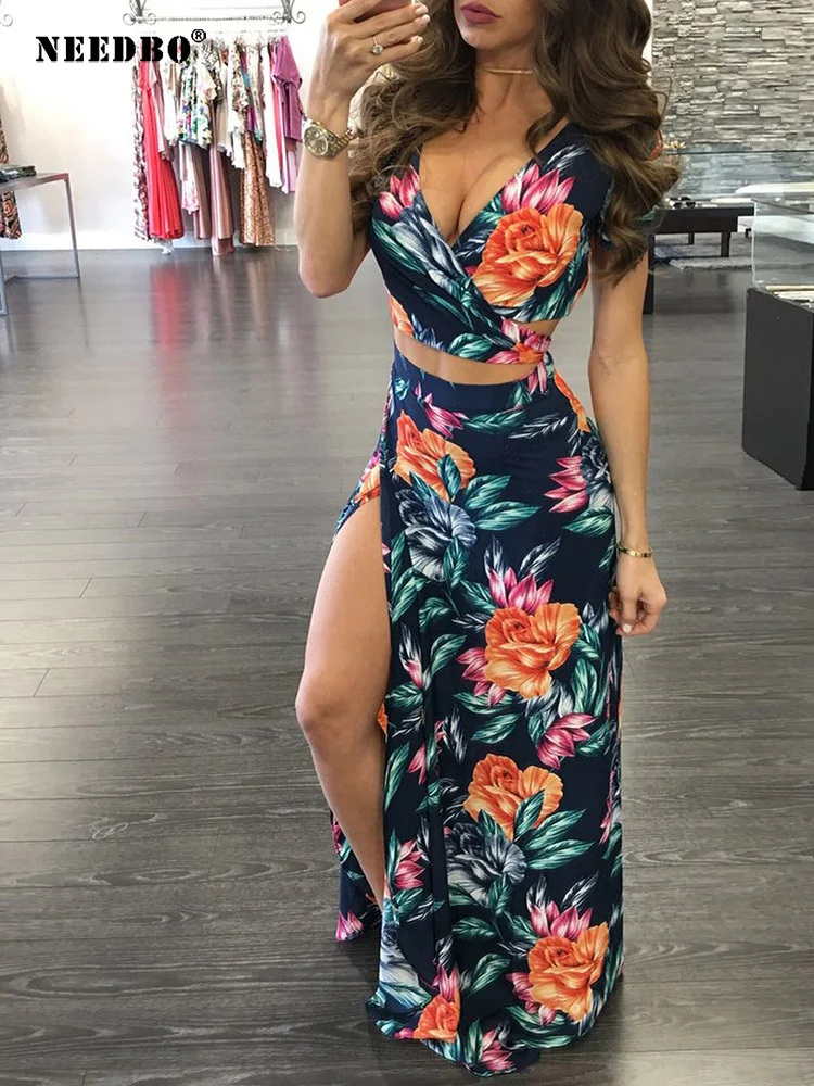 

Tropical Print V-Neck Wrap Casual Dress Women Vintage Boho Print Summe Midi Beach Dress Robe Vestidos Female