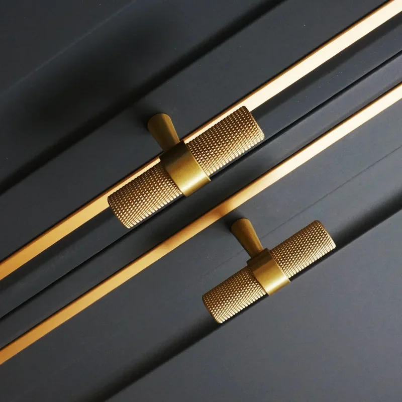 Furniture Handles Long Knurled Kitchen Cabinet Door Drawer Pulls Solid Brass T Bar for Bedroom Wardrobe