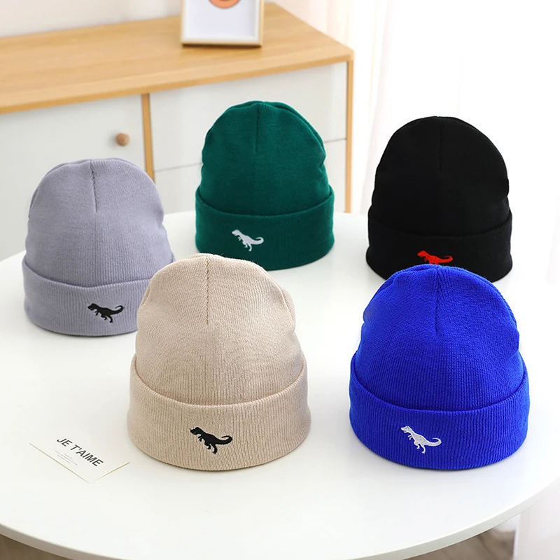 Children Autumn Winter Knitted Beanie Embroidery Cartoon Dinosaur Warm Cap Kids Boys Outdoor Windproof Pullover Hat 3-8Years