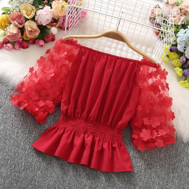 

Ladies Short-Sleeved Chiffon Shirt Flower All-Match Top