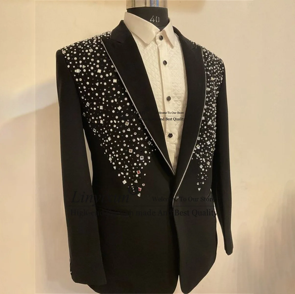 

Elegance Jewelry Beaded Tuxedos Men Suit Flash Metallic Wedding Groom Dinner Party Male Prom Blazers 2 Pieces Set Coustome Homme