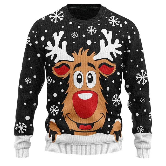 Ugly Christmas Sweater Women Reindeer Print Oversized Knit Sweater Winter Round Neck Long Sleeve Cozy Holiday Sweater Knitwear 4