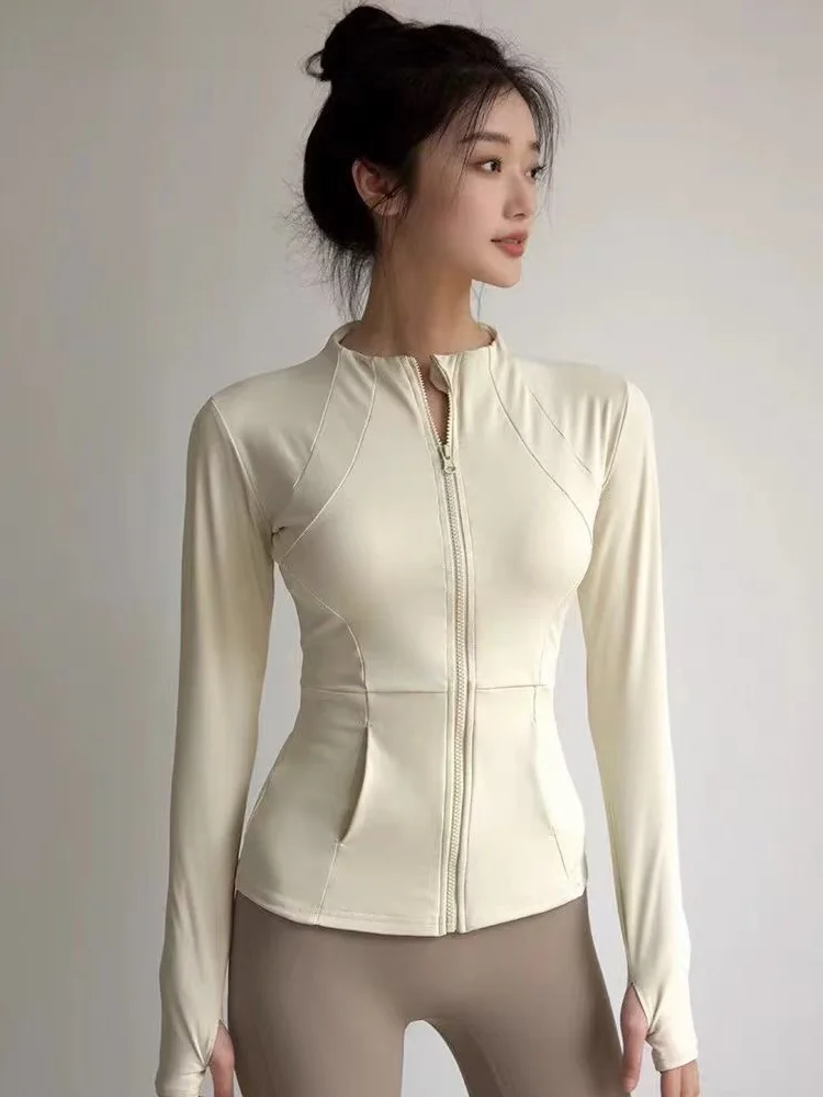 여성용 전문 요가 스포츠 재킷 가을 겨울 타이트 러닝 짐 탑 지퍼 가디건 빠른 건조 나일론 긴팔 슬림 핏
