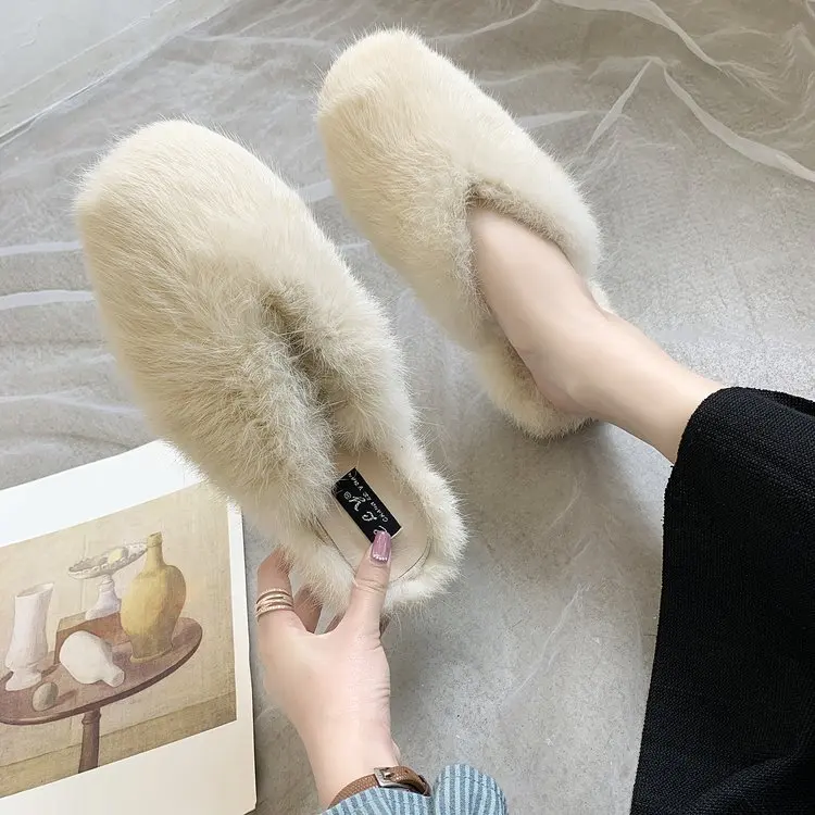 2023 Autumn Winter Rabbit Hair Korean New Baotou Flat Bottom Slippers Popular Same Style Outwear Fur Half Slippers for Women