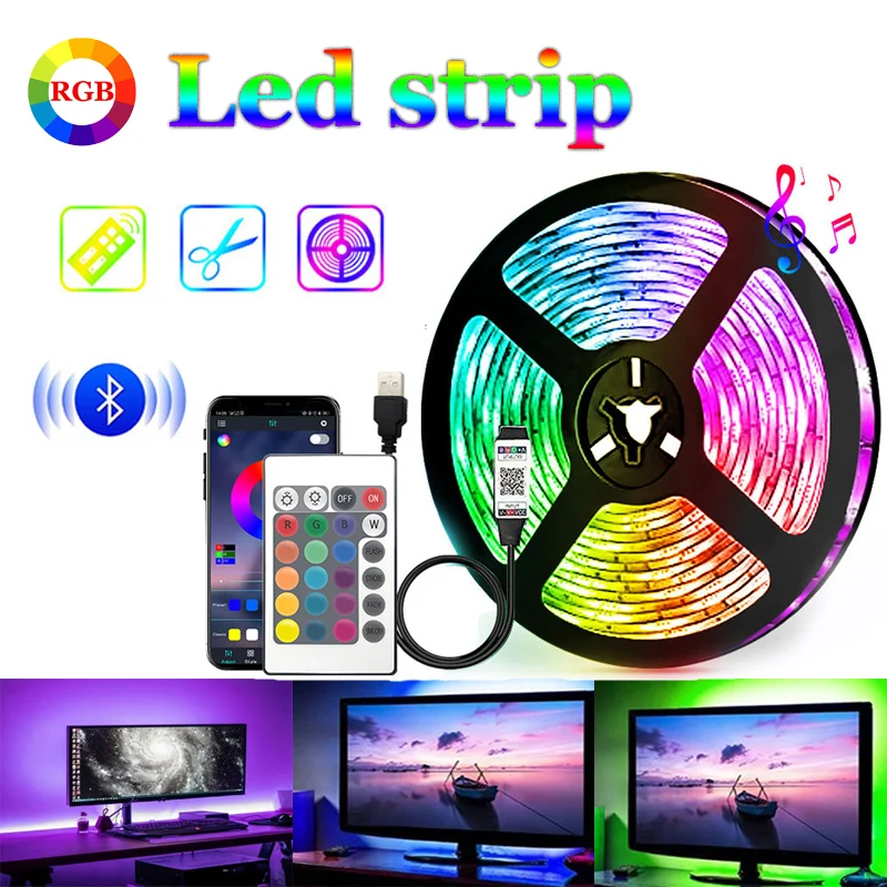 LED Strip Lights RGB 5V USB 2835 5050 0.5m- 5m Bluetooth Flexible Lamp Tape Diode Ribbon TV Backlight with Remote Control White