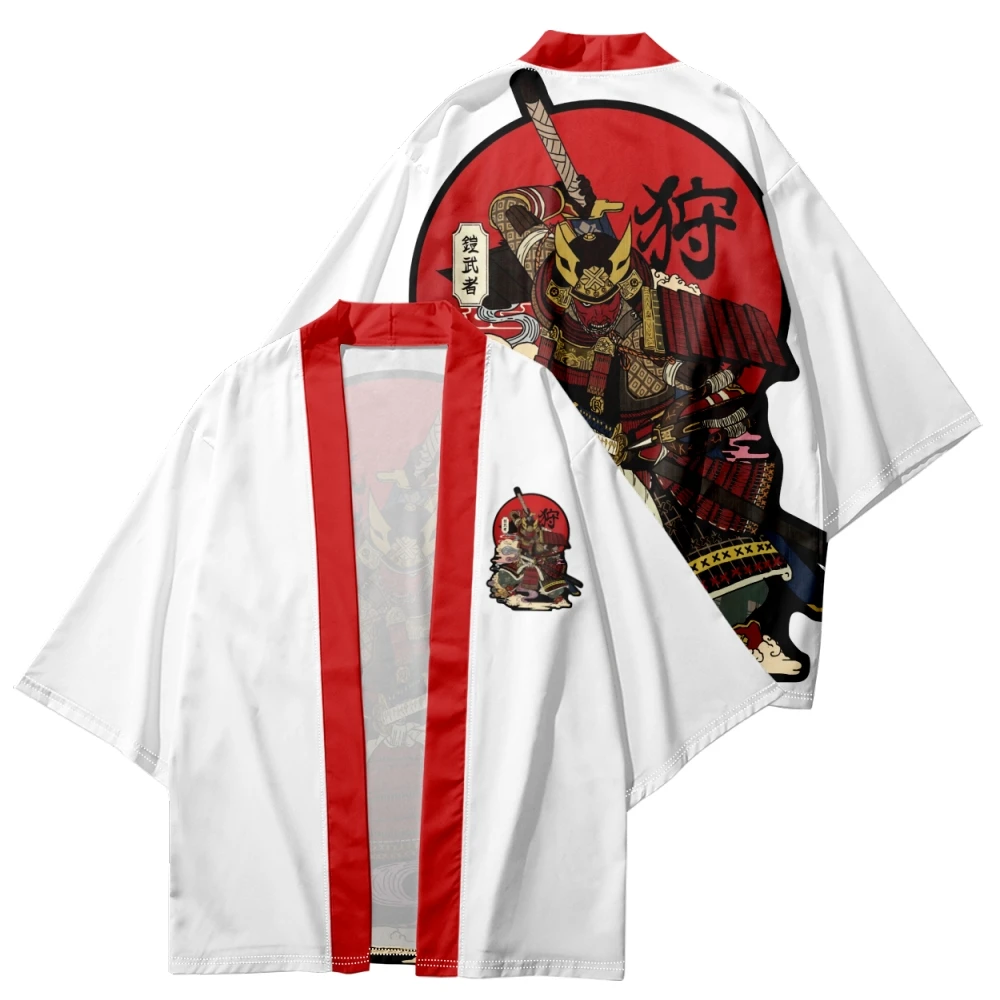 

Harajuku Tops Robe Beach Wear Japanese Style Kimono Streetwear Men Women White Samurai Print Cardigan Haori Yukata