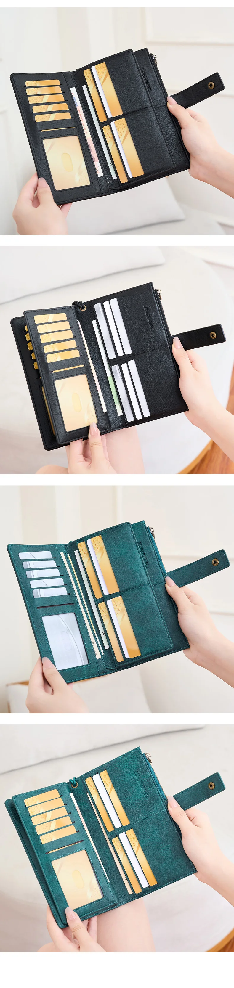 Damen-Geldbörse, RFID, großes Fassungsvermögen, Kreditkartenetui, modische Reißverschlusstasche, Leder, zweifach gefaltet, Kontrast-Armband, Clutch, Münzgeldbörse – Detail 8