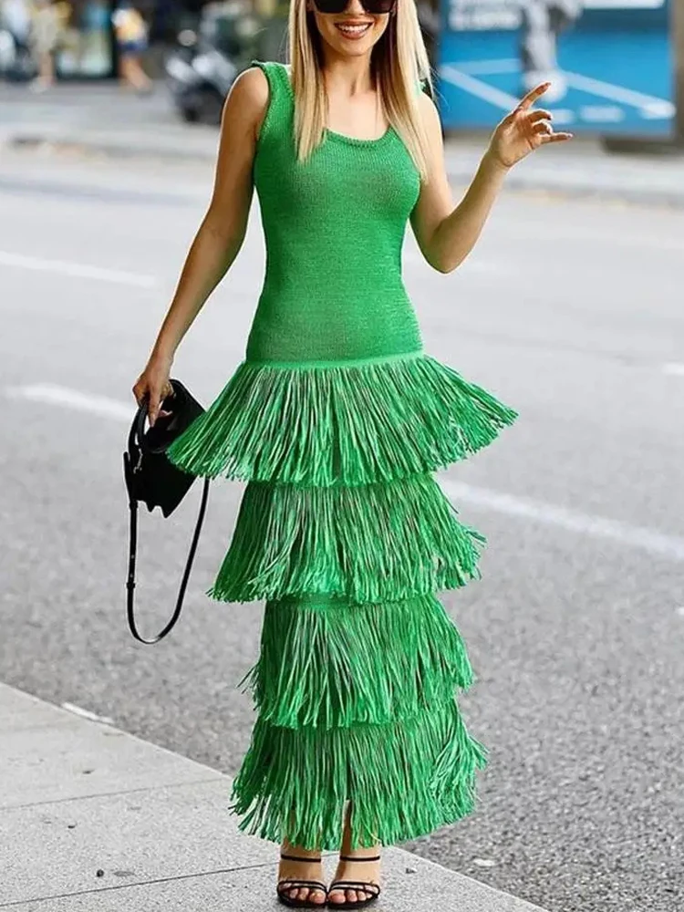 

Fringe Tassel Knitted Beach Long Dresses Women Sexy Backless Sleeveless Dress Summer New Female Elegant Party Evening Vestido
