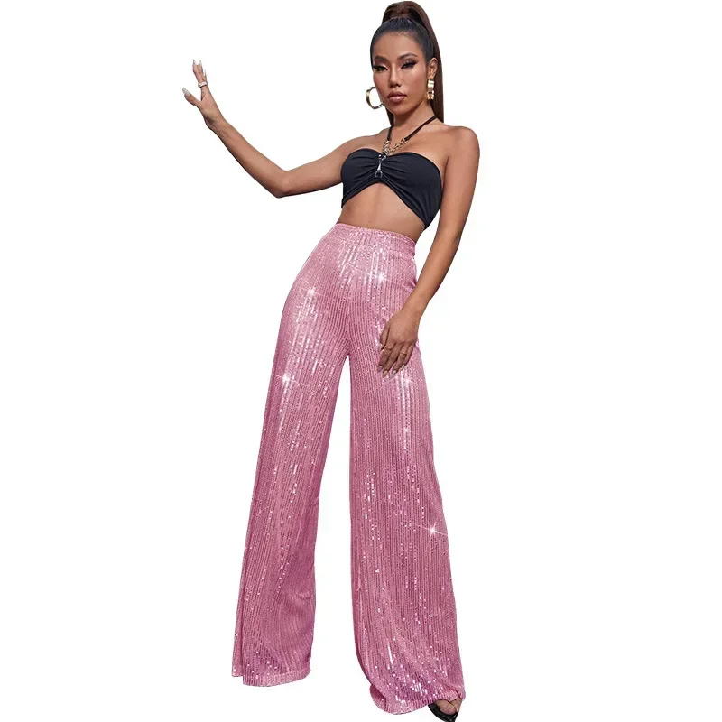 Women Sequin Flare Pants High Waist Sparkle Glitter Loose Wide Leg Pants Casual Long Trousers Party Clubwear Y2k Chic Streetwear