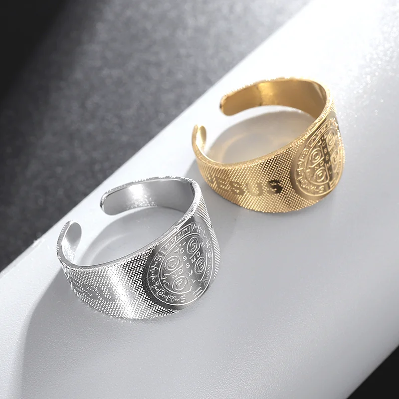 Stainless Steel Saint Benedict Cross Ring Men's Catholic Open Ring Women's Fashion Christian Faith Jewelry Gift stainless steel ring