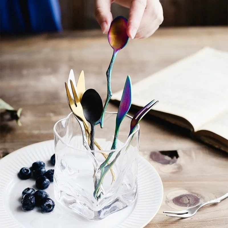 

3 Pcs/Set Cutlery Fruit Dessert Fork Home Kitchen Durable Stainless Steel Branches Pattern Knife Coffee Tea Spoon Dinnerware