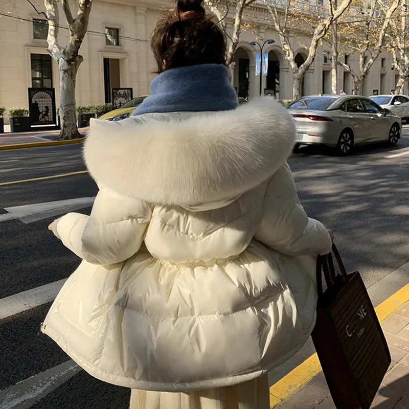 

2022 new women's down jacket fashion casual thin fox big fur collar white duck down waist thickened women's coat