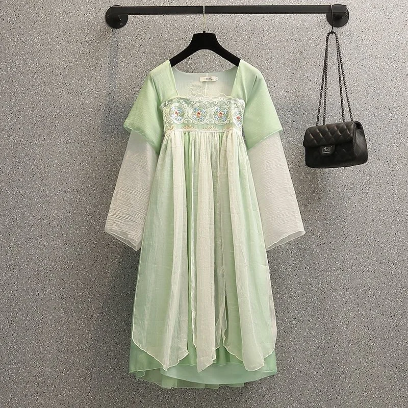 2023 Spring New Fashion Chinese Style Traditional Embroidery Long Sleeve Dresses Green Modern Hanfu Chiffon Dress M-4XL