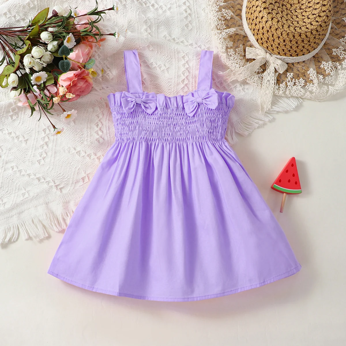 Baby Girl Solid Cute Ladies Style Refreshing Double Bow Strap Wrap Casual Dress 2