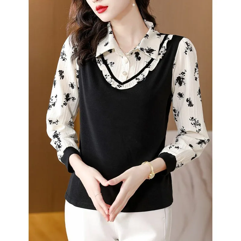 

Simplicity Versatile Casual Women's Clothing Autumn and Winter Splice Buttons V-neck Solid Color Temperament Commuting Pullover