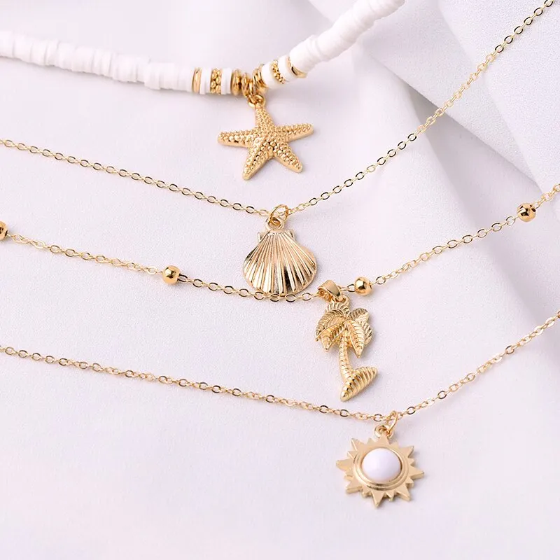 Fashion Jewelry Necklace Soft Pottery Starfish Shell Pendant Necklace Vintage Sun Multi Layer