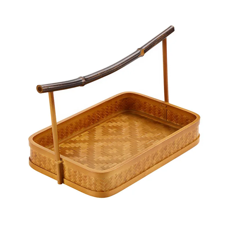 Hand-made bamboo basket with handle, Chinese retro tea set, lacquer woven storage box, portable fruit basket 5