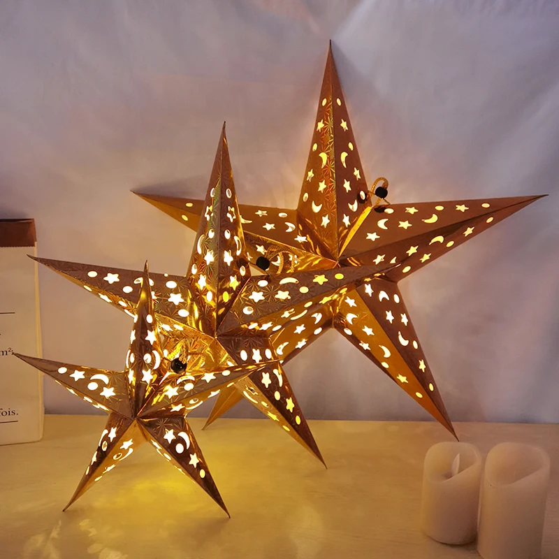 30/45/60cm Hollow Out Star Hanging Pendant Led Light Window Grille Paper Lantern Wedding Party Christmas Stars Lampshade Decor - Image 3