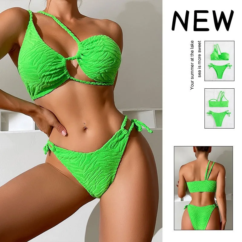 

2023 New Swimsuit Striped One-shoulder Bikini Europe and America Sexy High Waist Solid Color Separation