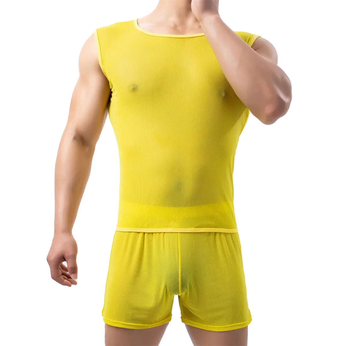 Mens Undershirt See through Sleeveless T-Shirts Tank Tops Vest Singlet Mens Panties Boxer Shorts Underwear Sexy Mens Clothes Set