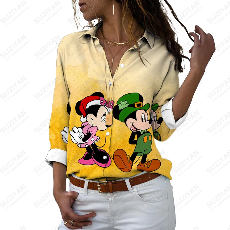 

Рубашка женская с длинным рукавом, Повседневная Свободная блузка с воротником, на пуговицах, с изображением Микки и Минни Дисней