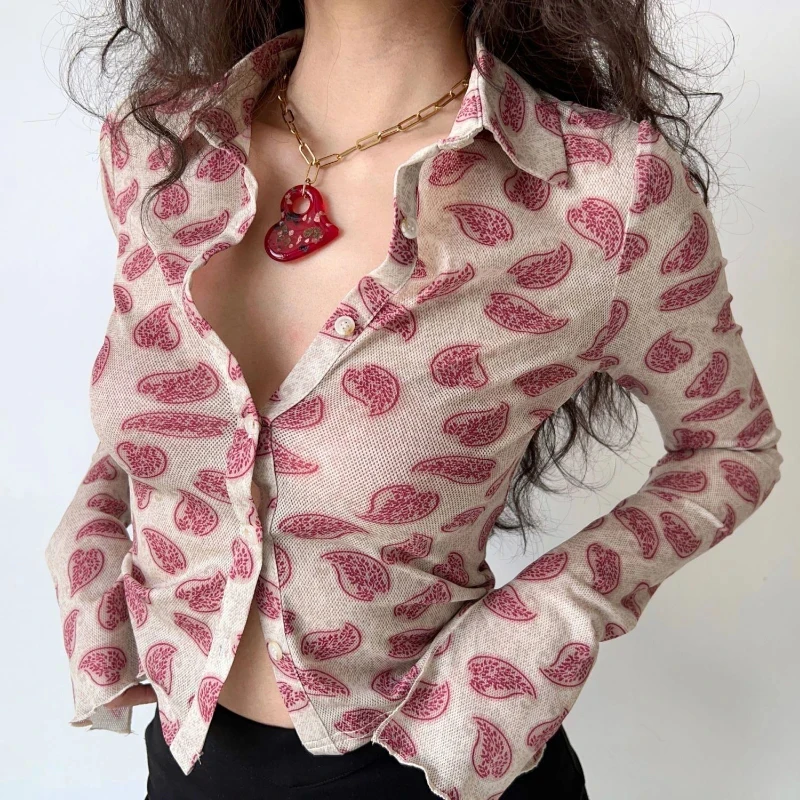 

Jmprs American Retro Women Print Shirt Sexy Slim Long Sleeve Elegant Blouse Vintage Design All Match Streetwear Y2K Tops New