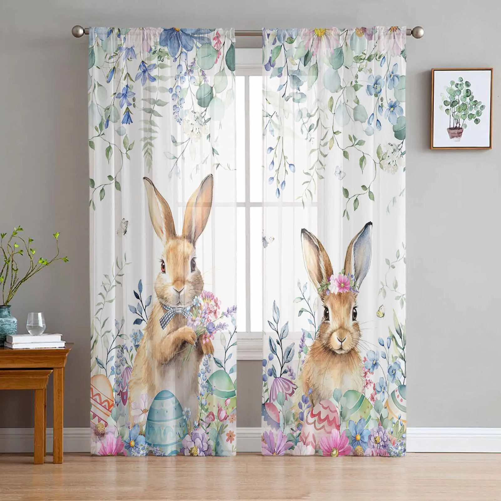 

Easter Eggs Bunny Spring Flower Tulle Curtains for Living Room Sheer Curtain for Bedroom Kitchen Blinds Voile Curtains