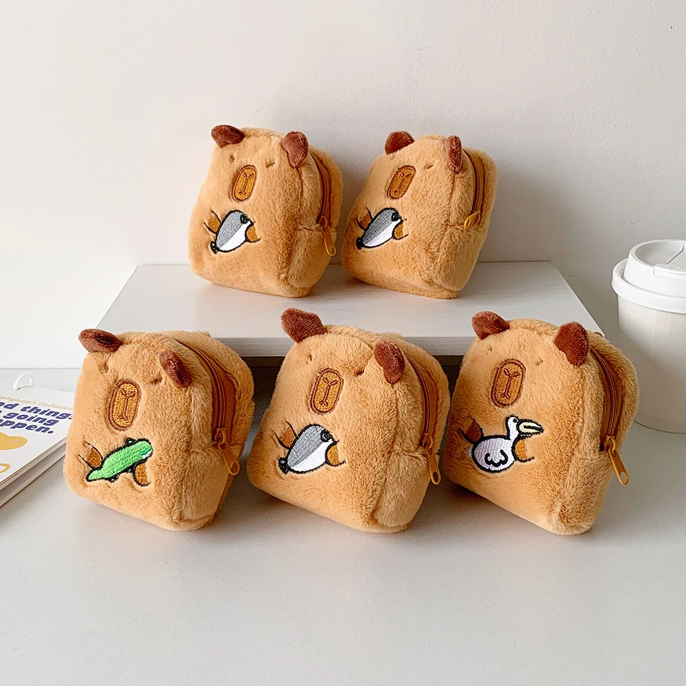 Capybara Plush Coin Purse Mini Zipper Wallet with Keychain Headphone Storage Bag Crossbody Bag Pendant Decoration Girls Gift