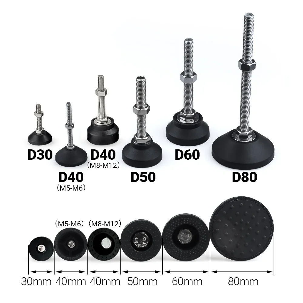 Lathe Levelling Feet 8Pcs Adjustable Lathe Leg Dia 40mm Thread Type SS304 Stainless Steel Foot Pad Swivel Base Articulating Legs M5 M6