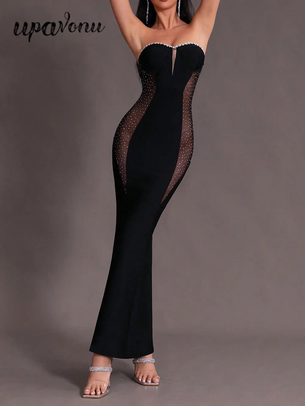 

2024 Sexy Women's Wear Diamonds and Thin Gauze Bandage Long Dress Strapless Sleeveless Bodycon Backless Dress Club Party Vestido