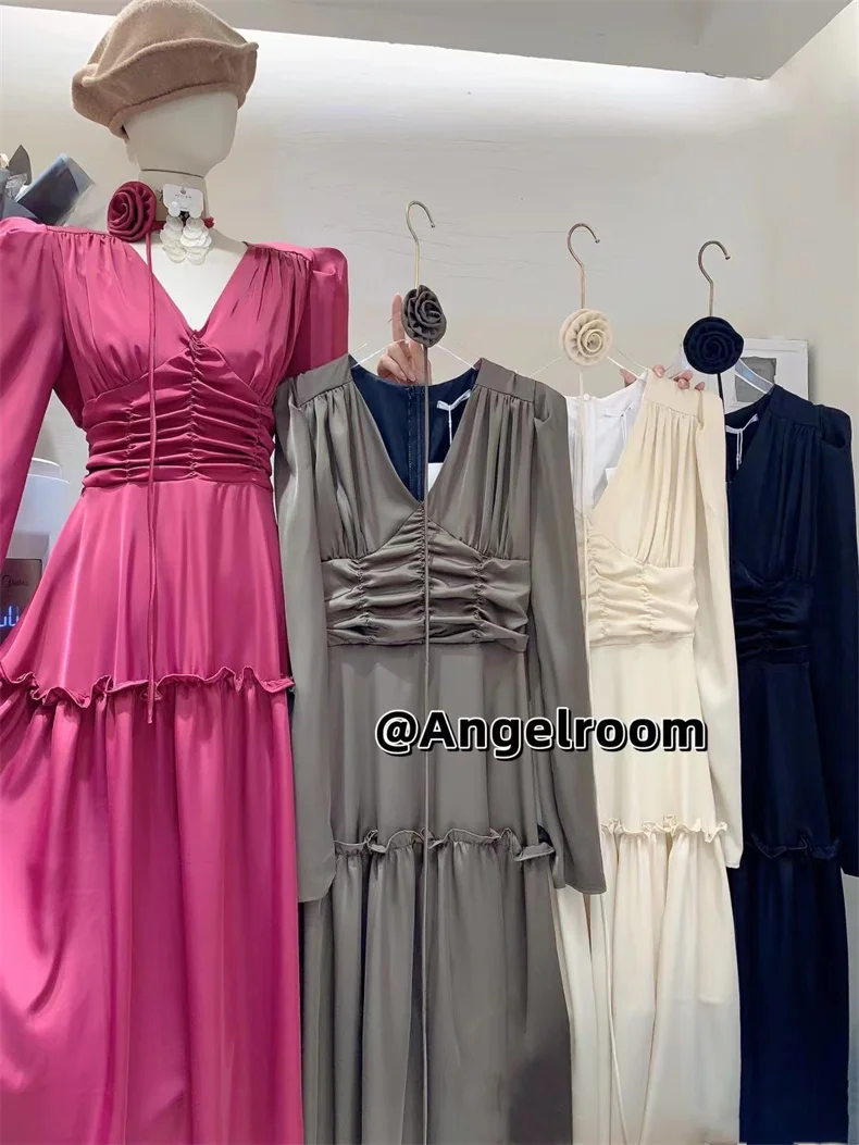 Autumn Satin Midi Dresses for Women Long Sleeve V-neck Folds Design A-line Korean Fashion Office Lady One Piece Vestidos New