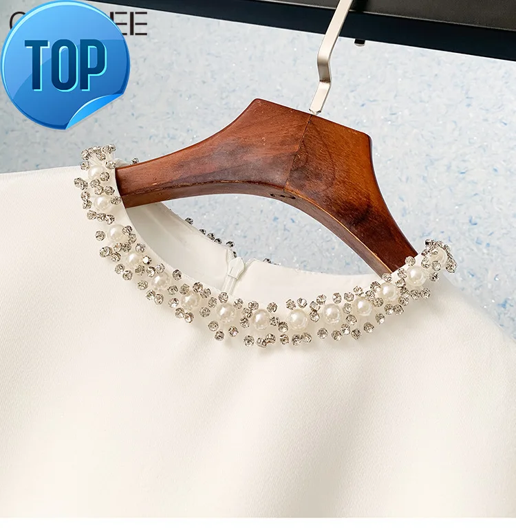 

Crystal Beading O-neck Short Fashion Sleeve A-line Mini Dress 2023 Summer Casual Elegant White/black Vestido De Mujer