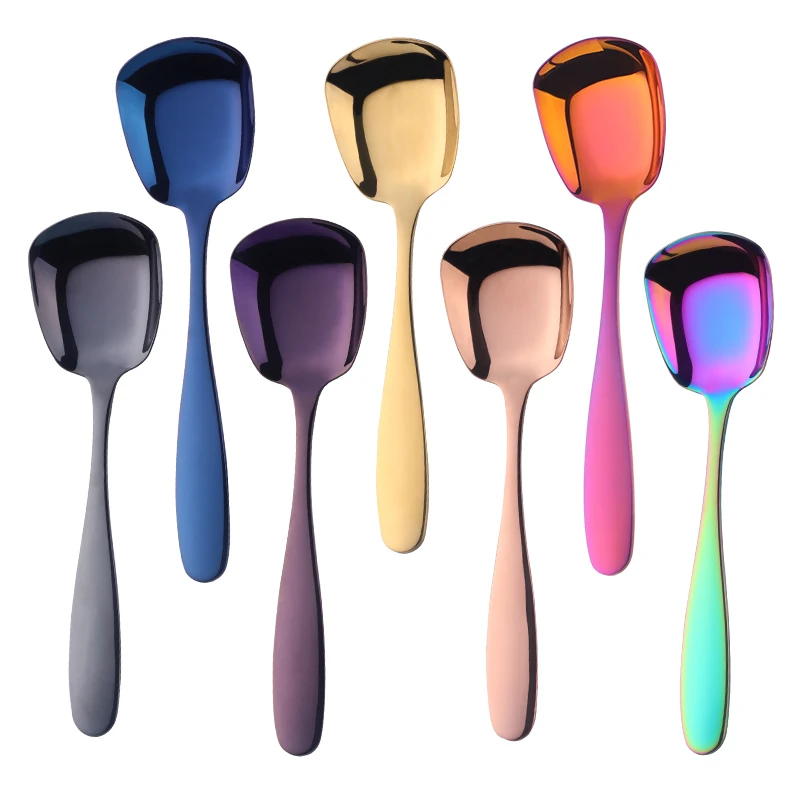Stainless Steel Spoon Stainless Steel Spoon Set 1PC Plat Bottom Spoon Stainless Steel Square Dinner spoons Rice Dinnerware Child Samll Gold Spoon for Ice Cream Dessert Salad