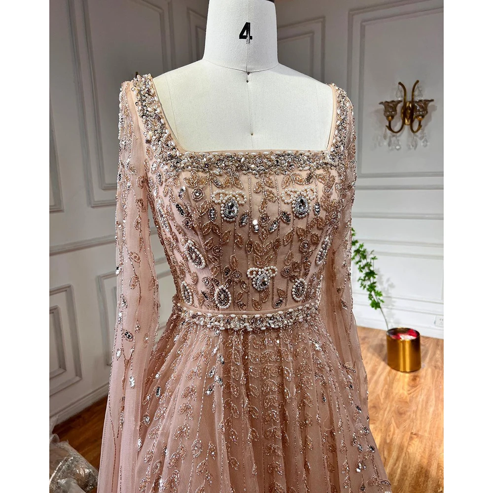 Serene Hill Muslim Pink A Line Square Collar Beaded Luxury Dubai Evening Dresses Gowns 2023 For Women Wedding Party LA71803A