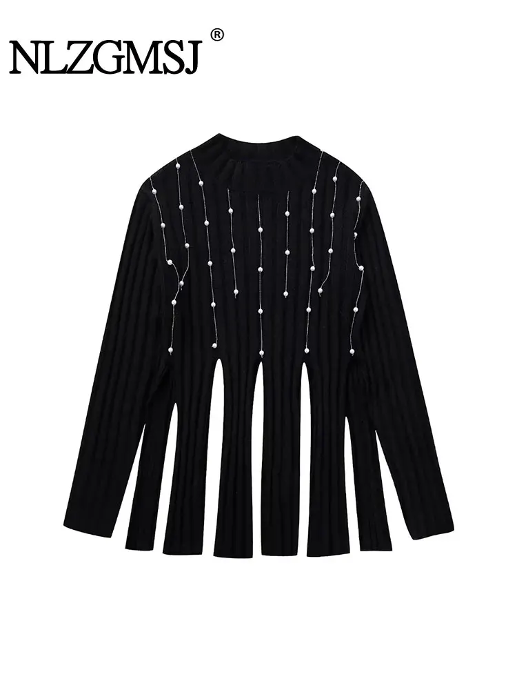 

Женский трикотажный черный свитер Nlzgmsj TRAF, зима 2023, облегающие пуловеры с искусственным жемчугом, кисточками и разрезом на подоле, Женский Топ
