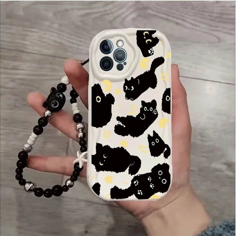 Elegant Black Cat Pearl Chain Phone Case
