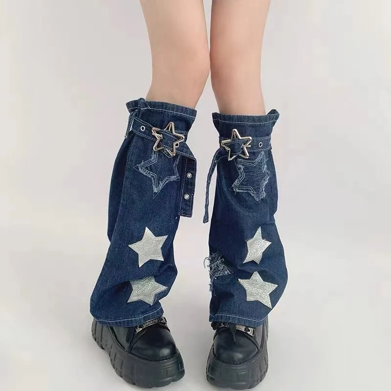 

Women's Star Patch Pattern Blue Denim Leg Cover Fashionable Versatile Spicy Girl Pantyhose Female Instagram Style Sock Sleeves