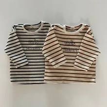 

Cotton Baby Striped T Shirt Fashion Letter Print Infant Boys Girl Long Sleeve T Shirt Kids Tee Children Stretch Bottoming Shirt