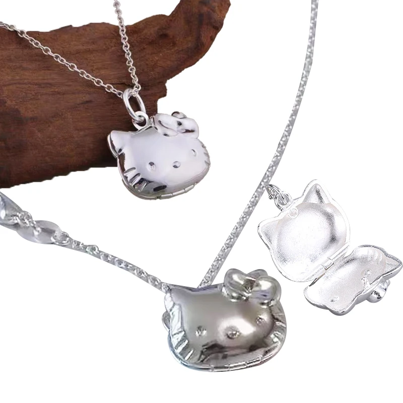 

Kawaii Hello Kitty Photo Locket Necklace Can Put Photo Cartoon Kt Cat Shaped Pendant Necklace Women Jewelry Hollow Box Necklace