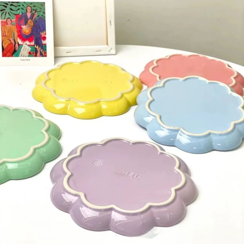 French Rainbow Lace Plate 22cm Stoneware Porcelain Skirt Plates Lace Fruit Dessert Macaron Ice Cream Serving Plates Tableware