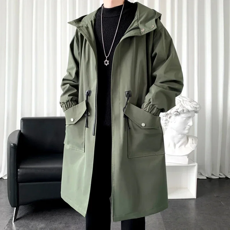 

Spring Autumn Army Green Windbreaker Fashion Men's Mid-length Casual Hooded Coat Men Daily High Street Overcoat Male Clothes