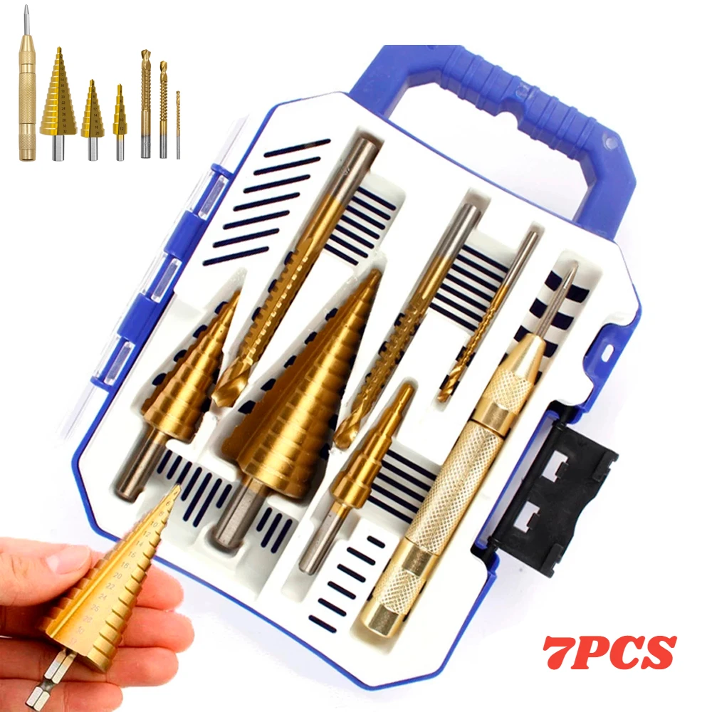 

6/7Pcs Step Drill Bit Set Slot Center Punch Spiral Twist Saw Straight Groove Titanium Milling Cutter Broaching Hole Opener Tools