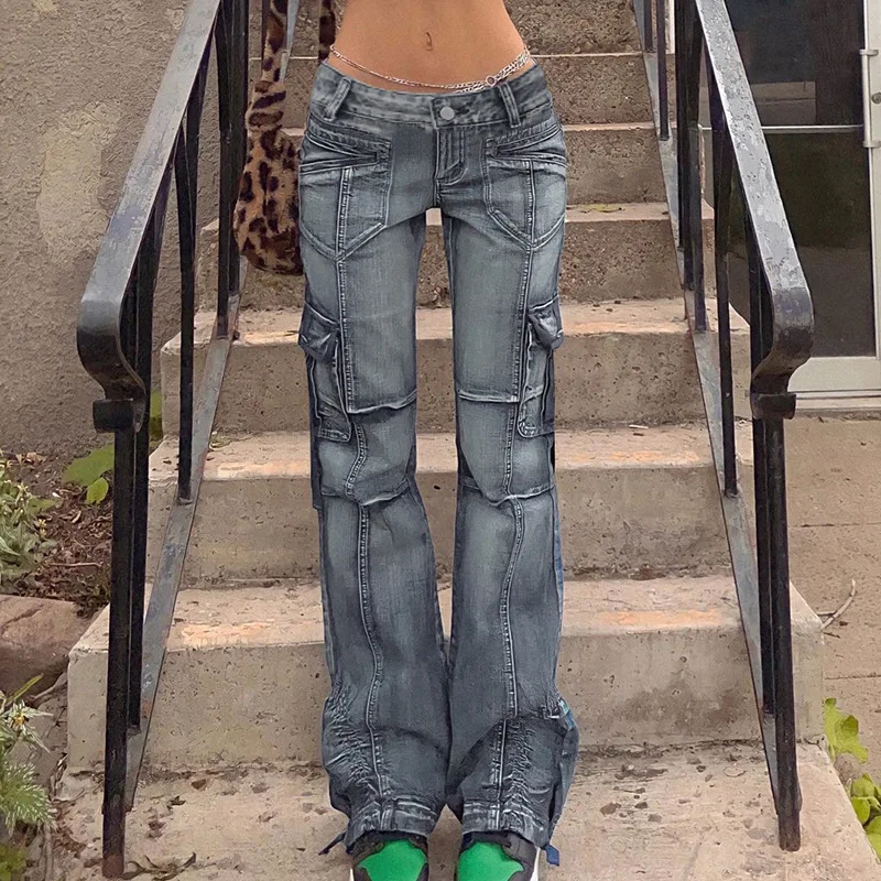 

Low Waist Women's Cargo Pants Aesthetics Gothic Punk Trousers Printed Zipper Sports Pants With Pockets Women's Jeans Streetwear