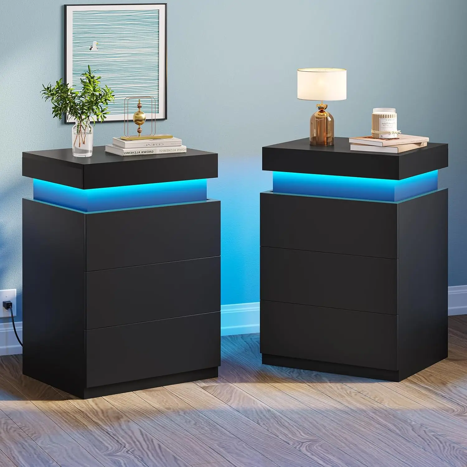 

LED Nightstands Set of 2 for Bedroom, Nightstand w/ Charging Station and Sliding Top, Bedside Table w/ Drawers, End Side Table