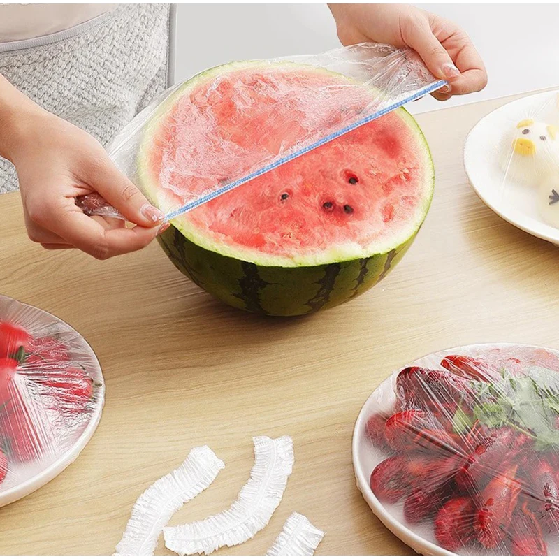 Description Picture 3 of item100PCS Disposable Plastic Wrap Tear Free Colored Food Grade Size Plates Universal Elastic Food Cover Shower Cap Kitchen Storage